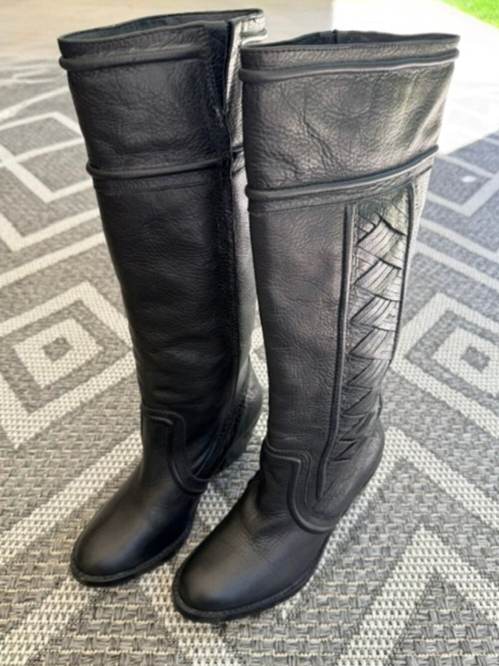 Fossil Black Tall Heeled Leather Boot with Woven Leather Side Panels